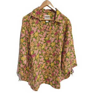 NWOT European Flax Womens V neck Floral Linen Blouse Top side bow Comfy Sz-1X